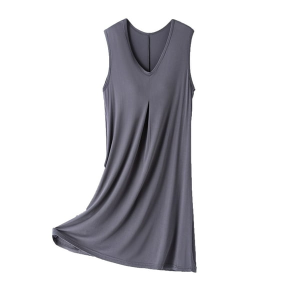 Bpmpbo Women's with Chest Pads Sleepwear Sleeveless Mid Length Nightgown V Neck Solid Color Drawstring Loose Comfortable Soft Sleepshirt Tank Sleep Dress