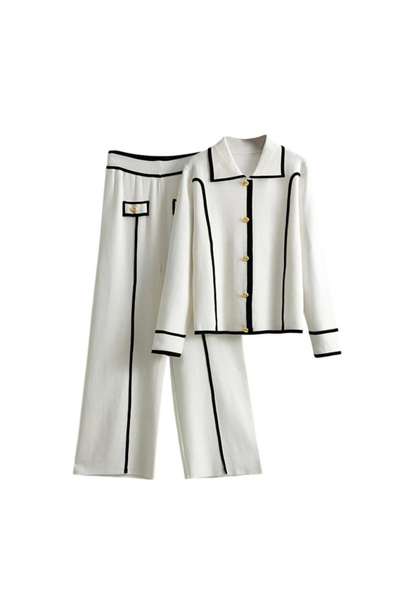 Women's Collared Knit Sweater Set Button Detail Pullover and Elastic Waist Pants Two-Piece Lounge Sets