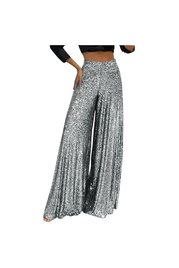 Women's Fashion Prom Pants Elegant High Waist Wide Leg Pants Solid Colour Sequin Trousers Zipper Pants Lounge Pants