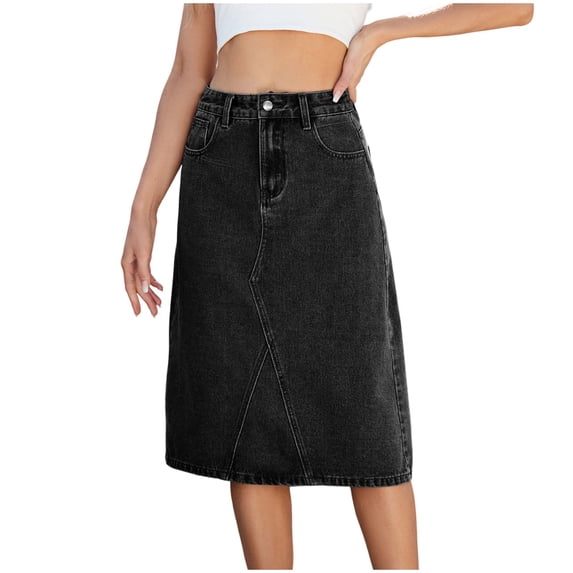 Bpmpbo Women's High Waist Washed Denim Maxi Skirt Spring Fall Casual A-Line Skirt with Pockets and Back Slit