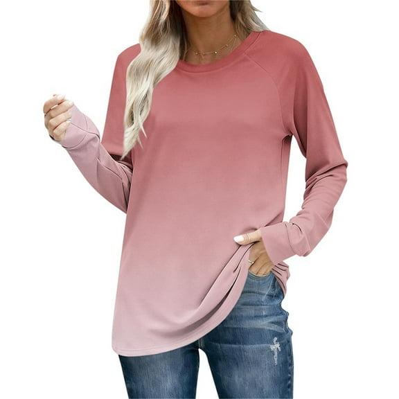 Bpmpbo Women's Long Sleeve T-Shirt with Ombre Print, Casual Crew Neck Pullover Top, Lightweight Color Gradient Loose Fit Blouse