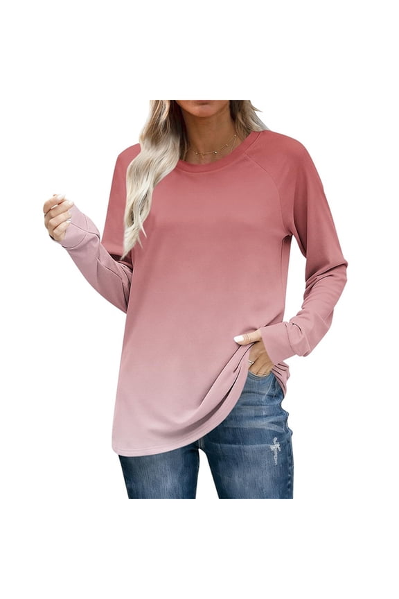 Women's Long Sleeve T-Shirt with Ombre Print, Casual Crew Neck Pullover Top, Lightweight Color Gradient Loose Fit Blouse