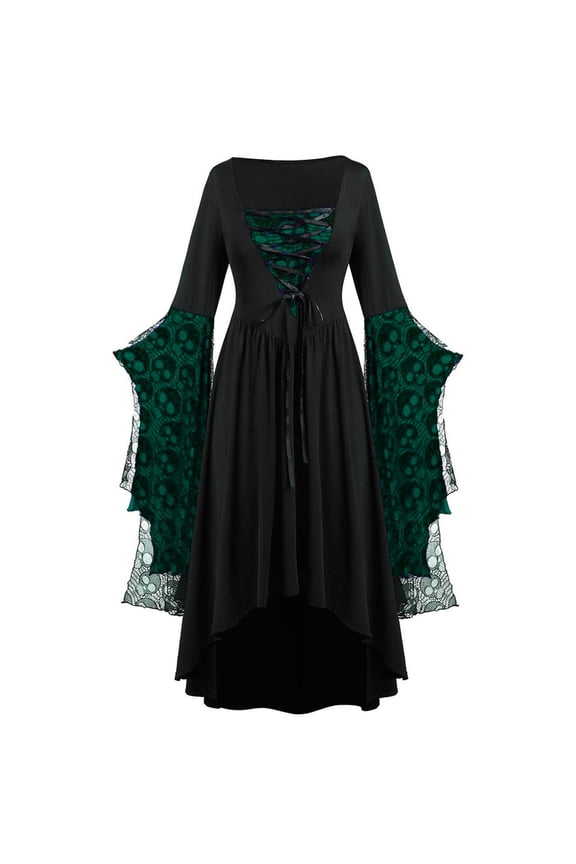 Women's Medieval Gothic Dress Bell Sleeve Lace Up Medieval Dress Square Neck Maxi Witch Dress Vintage Vampire Dresses