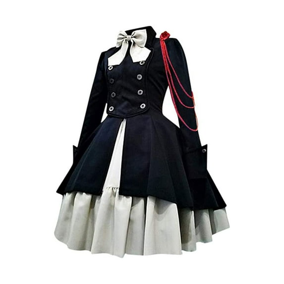 Bpmpbo Women's Medieval Renaissance Gothic Dress with Bow Accent, Long Bell Sleeves and Ruffle Trim
