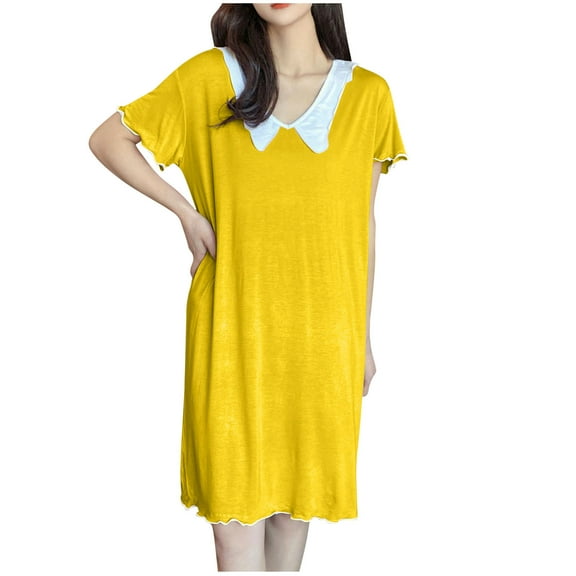 Bpmpbo Women's Nightgown Short Sleeve Sleepshirt V Neck Solid Color Modal Soft Sleepwear Doll Collar Loose Comfortable Mid Length Nightgown Skirt