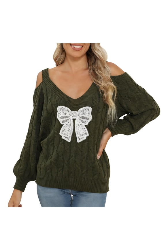Women's Off Shoulder Sweater with Lace Bow, Cable Knit Pullover Cold Shoulder Long Sleeve Top