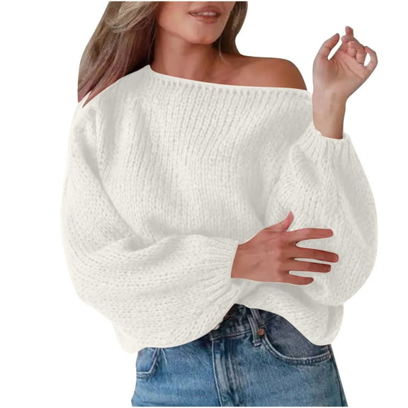 Bpmpbo Women's Off The Shoulder Sweater, Boat Neck Loose Fit Knit Top, Relaxed Long Sleeve Pullover
