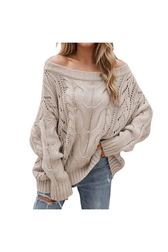 Women's Off The Shoulder Sweater Convertible Boat Neck Pullover Oversized Casual Knit Top in Solid Color