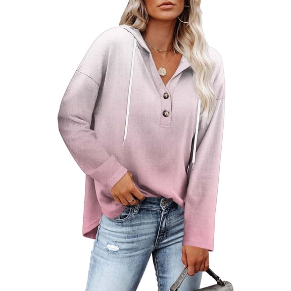 Bpmpbo Women's Ombre Hoodie Long Sleeve Pullover with Button Front and Drawstring, Casual Color Gradient Hooded Sweatshirt