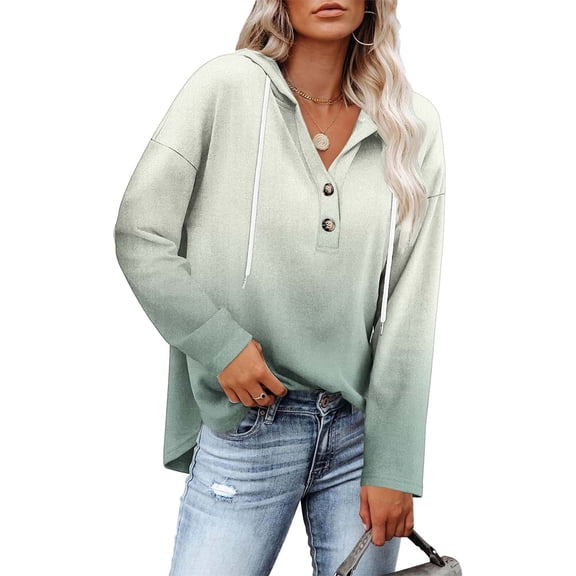 Bpmpbo Women's Ombre Hoodie Long Sleeve Pullover with Button Front and Drawstring, Casual Color Gradient Hooded Sweatshirt