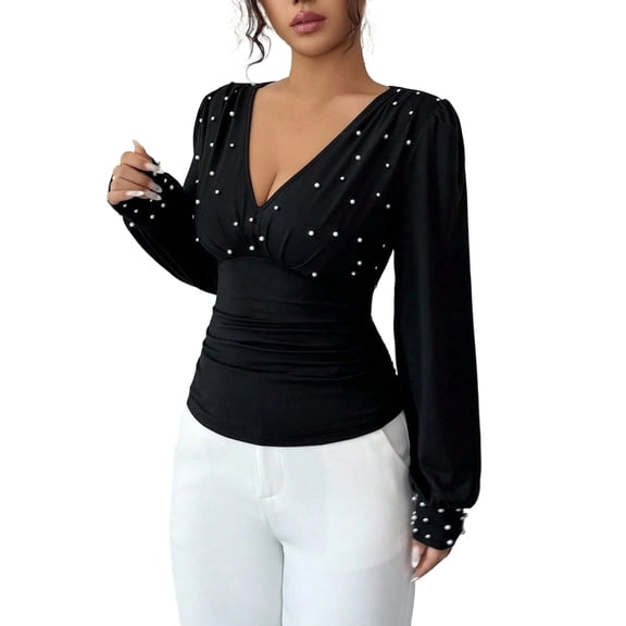 Bpmpbo Women's Pearl Embellished V-Neck Blouse Hand-Sewn Bead Detail Long Sleeve Top Elegant Solid Color Shirt for Dressy Casual