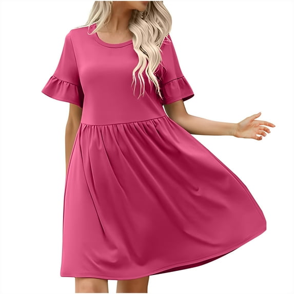 Bpmpbo Women's Plus Size Dresses Spring Summer European Temperament Commuting Solid Color Ruffle Sleeves Round Neck Dress Short Sleeve Flowy Mid Length Dress