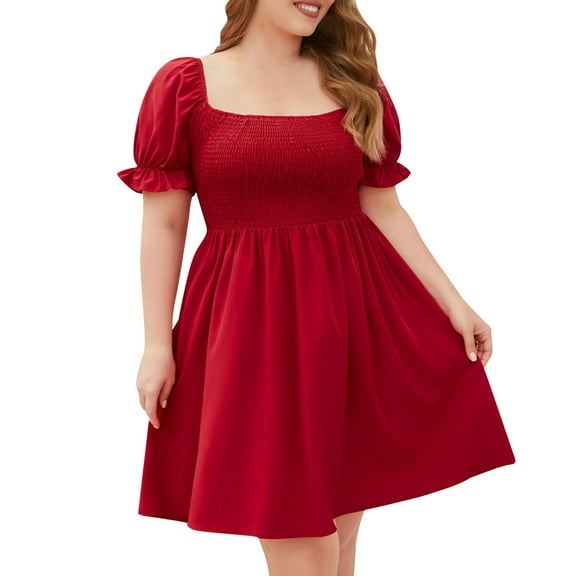 Bpmpbo Women's Plus Size High Waist A-Line Dress with Short Puff Sleeves, Square Neck and Flowy Pleated Medium-length Oversized Dresses