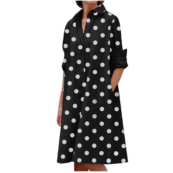 Bpmpbo Women's Polka Print Shirt Dress Loose fit Long Sleeve with Collar, Casual Knee-Length A-Line Dress