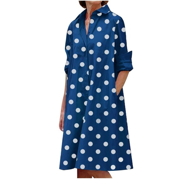 Bpmpbo Women's Polka Print Shirt Dress Loose fit Long Sleeve with Collar, Casual Knee-Length A-Line Dress