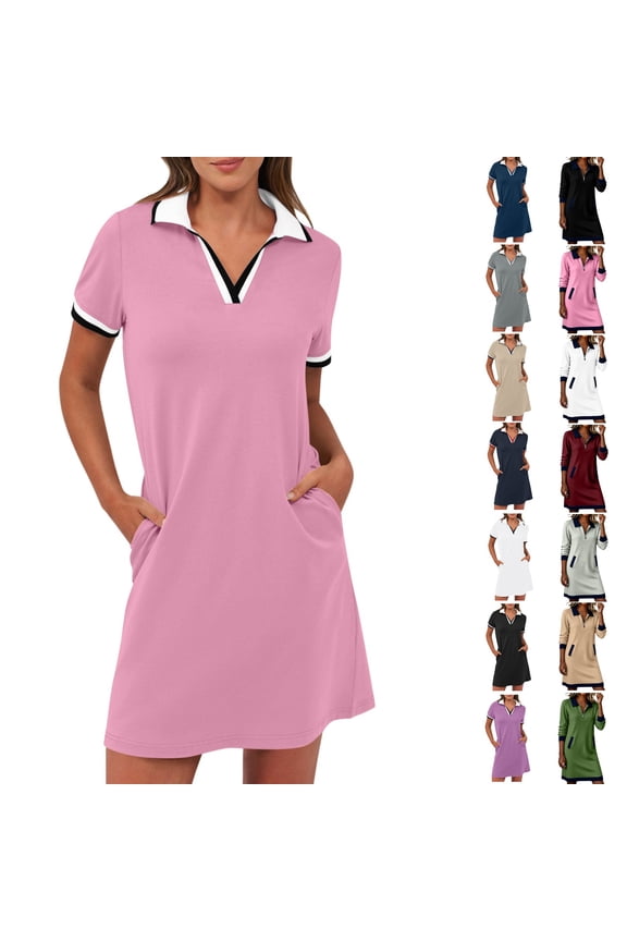 Women’s Polo Short Sleeve Dresses Solid Color V Neck Summer Tennis Golf Mini Shirt Dress with Pockets Casual Vacation Short Dresses