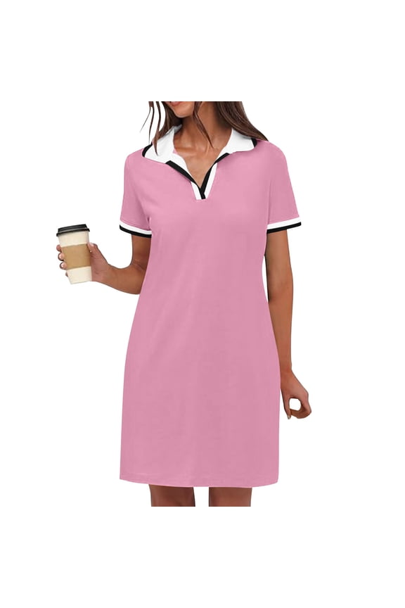 Women’s Polo Short Sleeve Dresses Solid Color V Neck Summer Tennis Golf Mini Shirt Dress with Pockets Casual Vacation Short Dresses