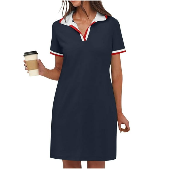 Bpmpbo Women’s Polo Tennis Golf Mini Shirt Dress Solid Color Collared Short Sleeve V Neck Casual Summer Sports Mid-Length Dresses with Pockets