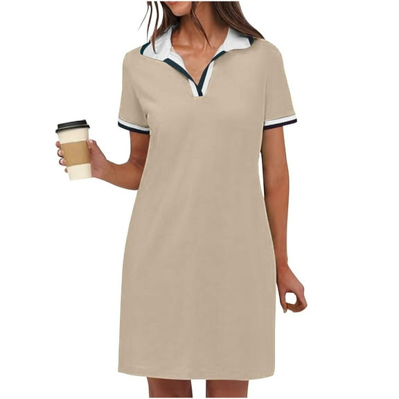 Bpmpbo Women’s Polo Tennis Golf Mini Shirt Dress Solid Color Collared Short Sleeve V Neck Casual Summer Sports Mid-Length Dresses with Pockets