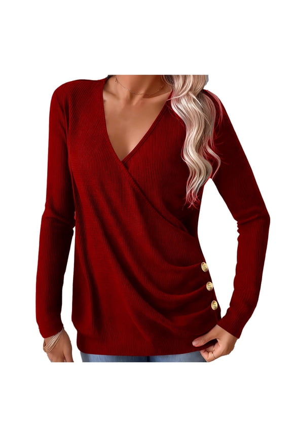 Women's Red V-Neck Side Button Knit Sweater Loose Fit Oversized Pullover for Fall Winter