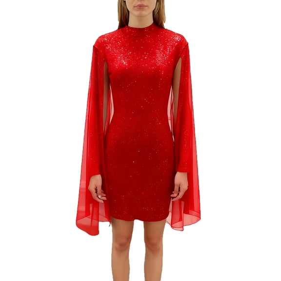 Bpmpbo Women's Sequin Cape Sleeve Mini Dress High Neck Bodycon Dress with Sheer Mesh Insert and Glittering All-Over Sparkle
