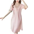 thumbnail image 1 of Bpmpbo Women's Short Sleeve Sleepshirt Mid Length Nightgown Solid Color Lace Patchwork Thin Style Loose Comfortable Ice Silk Shirt Sleep Dress, 1 of 3