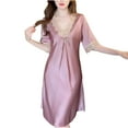 thumbnail image 1 of Bpmpbo Women's Short Sleeve Sleepshirt Mid Length Nightgown Solid Color Lace Patchwork Thin Style Loose Comfortable Ice Silk Shirt Sleep Dress, 1 of 3