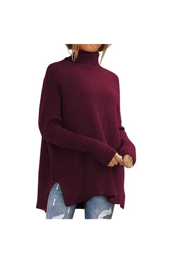 Women's Turtleneck Sweater, Longline Ribbed Knit Pullover with Side Slit, Oversized Solid Color Casual Tunic Top