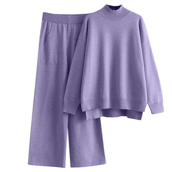 Bpmpbo Women's Two-Piece Knit Set Turtleneck Sweater and Wide Leg Pants with Pockets, Cozy Loungewear Set