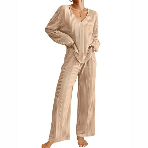Bpmpbo Women's Two-Piece Ribbed Knit Set Loose Fit Loungewear V-Neck Long Sleeve Top and Pants Casual Comfort Outfit