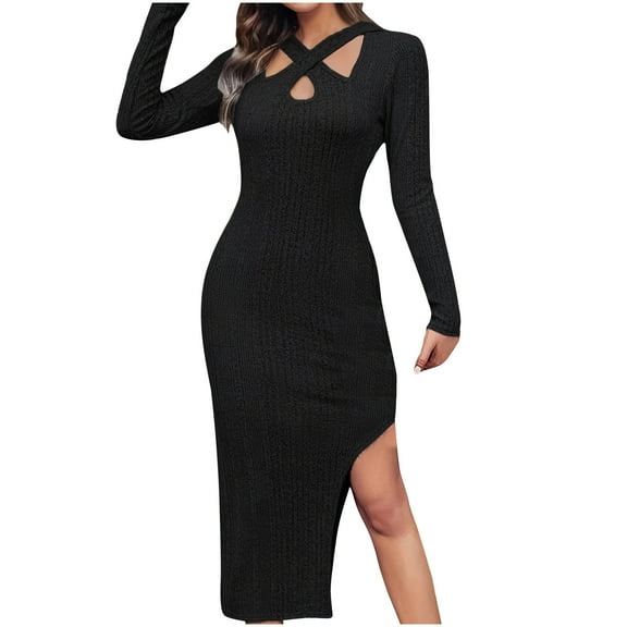 Bpmpbo Women's V-Neck Knit Dress, Bodycon Sweater Dress with Long Sleeves and Thigh High Slit, Pullover Tunic