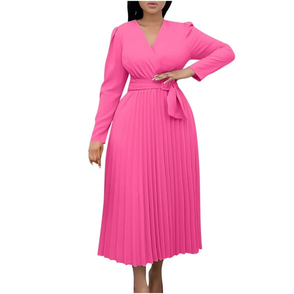 Bpmpbo Women's V-Neck Maxi Dress with Long Sleeves, Tie-Waist Belt and Flowy Pleated Skirt Fashion High Waist Shirt Dress