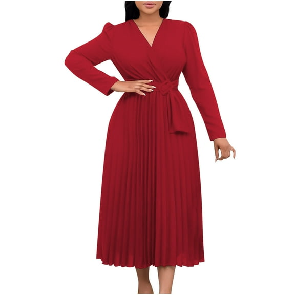 Bpmpbo Women's V-Neck Maxi Dress with Long Sleeves, Tie-Waist Belt and Flowy Pleated Skirt Fashion High Waist Shirt Dress