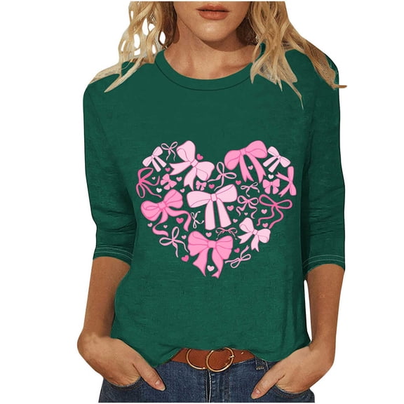 Bpmpbo Women's Valentine's Day Bow Heart Print 3/4 Sleeve T-Shirt - Fashion Loose Fit Casual Round Neck Top