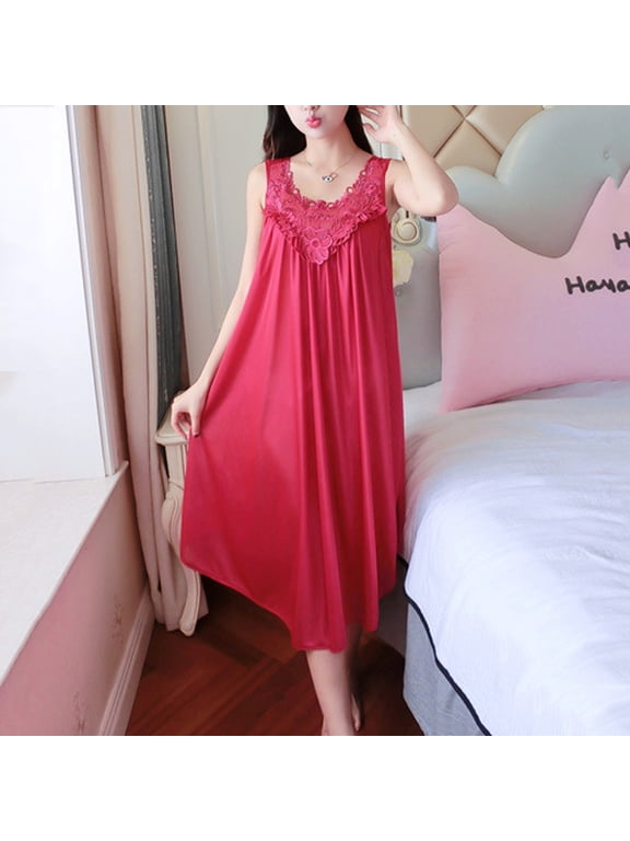 Nightgowns for Women Women's Sleepwear Solid Dress Sleeveless Round Neck Splice Dress Pullover Loose Dress Sleep Dress for Women Pajama Sets for Women 2 Piece Wine One Size