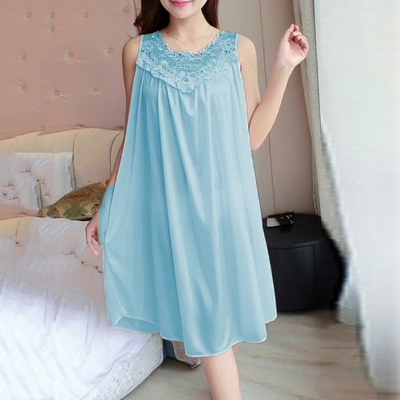 Bpxiofoy Nightgowns for Women Women's Sleepwear Solid Dress Sleeveless Round Neck Splice Dress Pullover Loose Dress Sleep Dress for Women Pajama Sets for Women 2 Piece Light Blue One Size