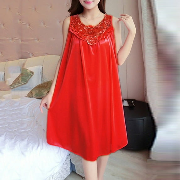 Bpxiofoy Nightgowns for Women Women's Sleepwear Solid Dress Sleeveless Round Neck Splice Dress Pullover Loose Dress Sleep Dress for Women Pajama Sets for Women 2 Piece Red One Size