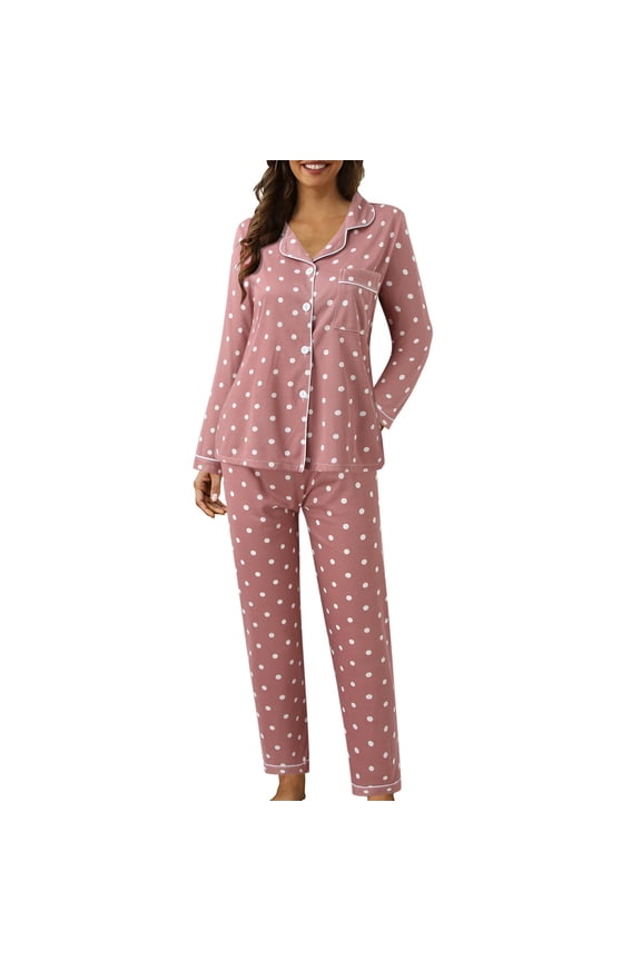 Pajama Sets for Women 2 Piece Button Up Pajamas Women Casual Lapel Button Polka Dots Print Two Long Sleeve Pajamas Pajamas Suit Pajama Pants Pj Sets Pink Xl