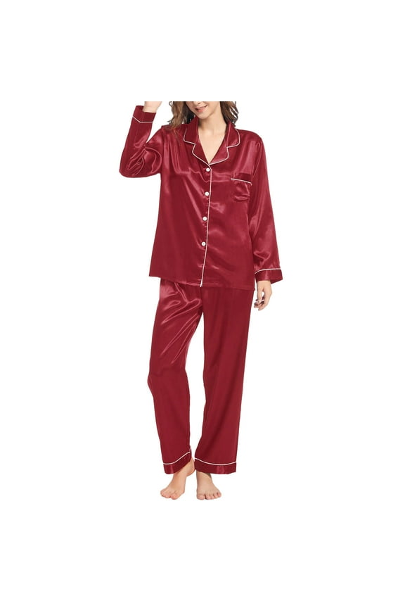 Pajama Sets for Women 2 Piece Lounge Pants Womens Silk Like Pajamas Long Sleeve Set Two Sleepwear Button Down Nightwear Loungewear Sets Pajama Pants Pj Sets C L