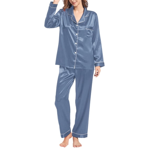Bpxiofoy Pajama Sets for Women 2 Piece Lounge Pants Womens Silk Like Pajamas Long Sleeve Set Two Sleepwear Button Down Nightwear Loungewear Sets Pajama Pants Pj Sets Blue 4Xl