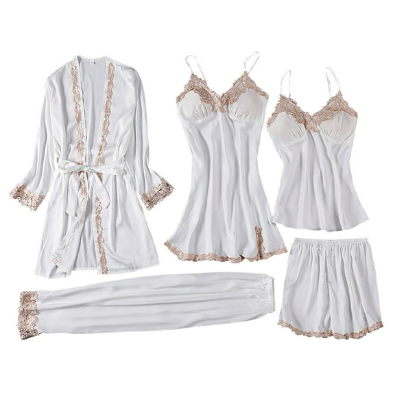 Bpxiofoy Pajama Sets for Women 2 Piece Pajama Set Ladies Satin Pajamas Set 5 Piece Pajamas Silk Like Lace Paneled Pajamas Pajama Set Pj Sets White L