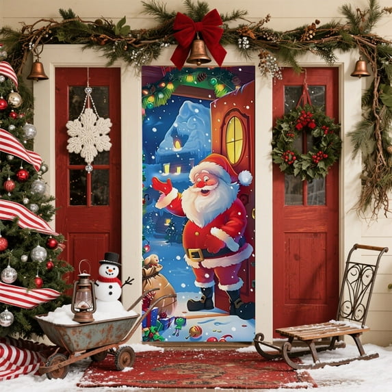 Bpyeka 6.66x2.99 Ft Christmas Door Cover Decoration Santa Claus Gift Delivery Door Cover Holiday Party Atmospheres Backdrops,Holiday Products,Fall Decor