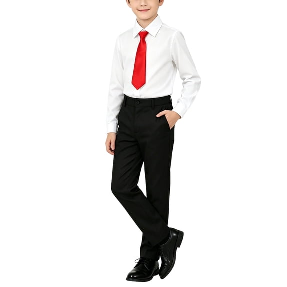 Bpyeka Boys' Formal Three-Piece Set, Long Sleeve Button-Down Shirt, Dress Pants and Necktie for School Events and Performances for Kids 2-15 Years, Red