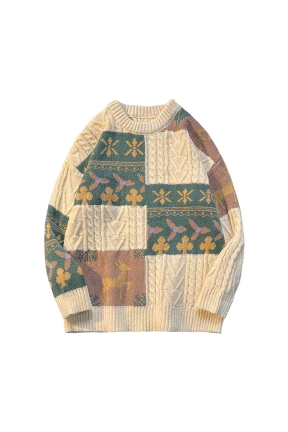 Christmas Men's Mock Neck Cable Knit Sweater Patchwork Reindeer Snowflake Fair Isle Jacquard Loose Stretch Long Sleeve Holiday Pullover M-3XL