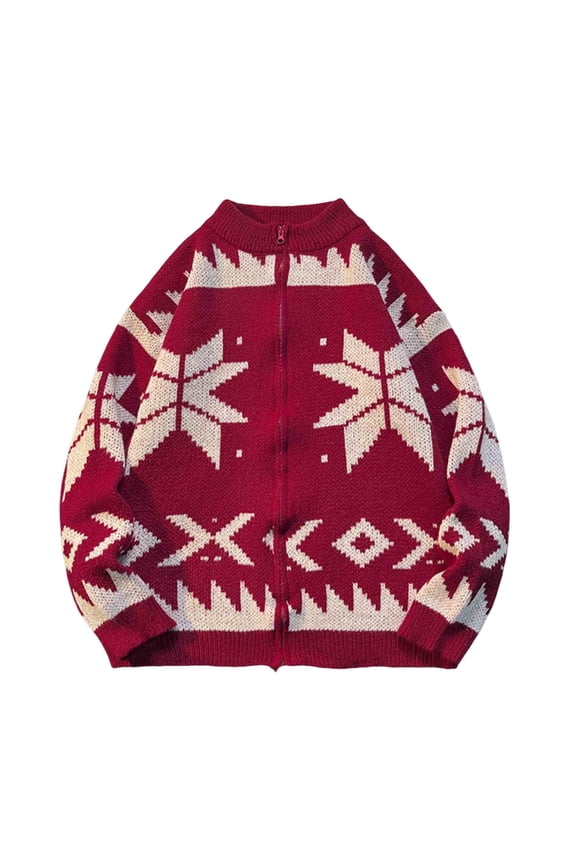 Christmas Men's Mock Neck Zip Up Knit Cardigan Snowflake Fair Isle Jacquard Loose Stretch Long Sleeve Winter Sweater M-2XL, Red