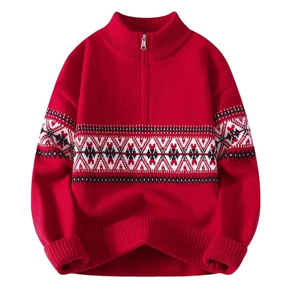Bpyeka Christmas Men's Quarter Zip Mock Neck Knit Sweater Fair Isle Geometric Jacquard Loose Stretch Long Sleeve Holiday Pullover M-4XL, Red