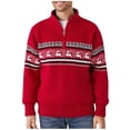 thumbnail image 1 of Bpyeka Christmas Men's Quarter Zip Mock Neck Knit Sweater Reindeer Fair Isle Jacquard Loose Stretch Long Sleeve Holiday Pullover M-3XL, Red, 1 of 4