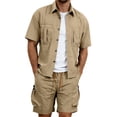 thumbnail image 1 of Bpyeka Men's Big & Tall Casual Two-Piece Matching Set, Button Down Collar Short Sleeve Shirt & Drawstring Cargo Shorts, Multi-Pocket Workwear Outfit, 3XL-5XL, 1 of 8