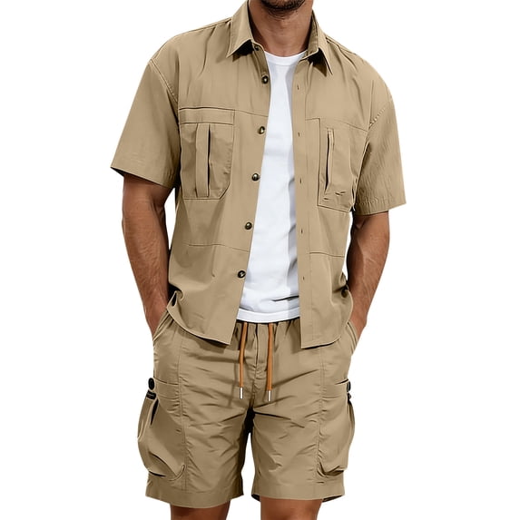 Bpyeka Men's Big & Tall Casual Two-Piece Matching Set, Button Down Collar Short Sleeve Shirt & Drawstring Cargo Shorts, Multi-Pocket Workwear Outfit, 3XL-5XL