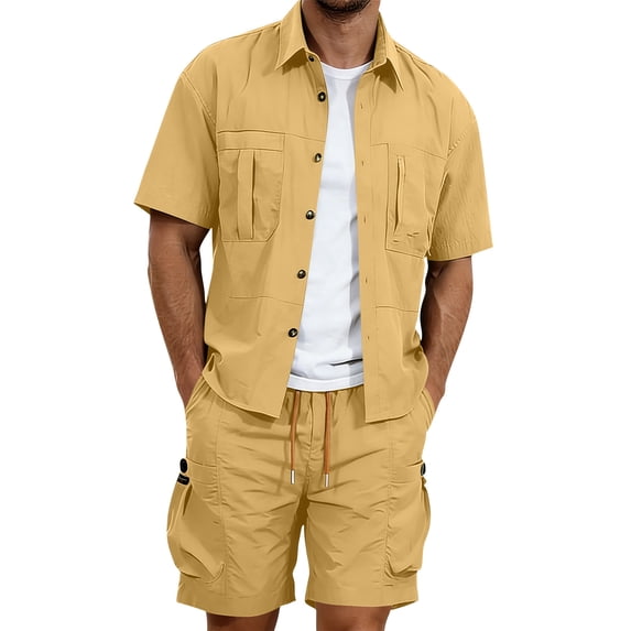 Bpyeka Men's Big & Tall Casual Two-Piece Matching Set, Button Down Collar Short Sleeve Shirt & Drawstring Cargo Shorts, Multi-Pocket Workwear Outfit, 3XL-5XL